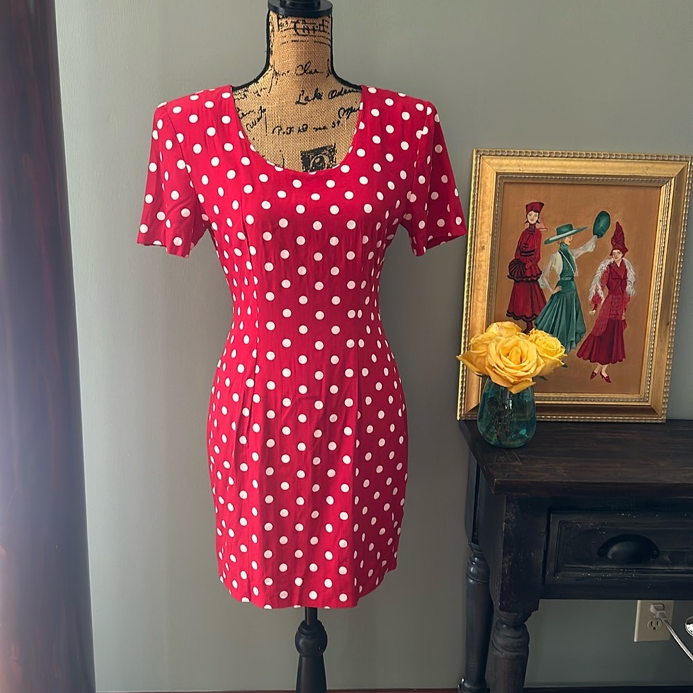 My Michelle 1990s red with white polka dot dress. Size 7/8 - measurements below
